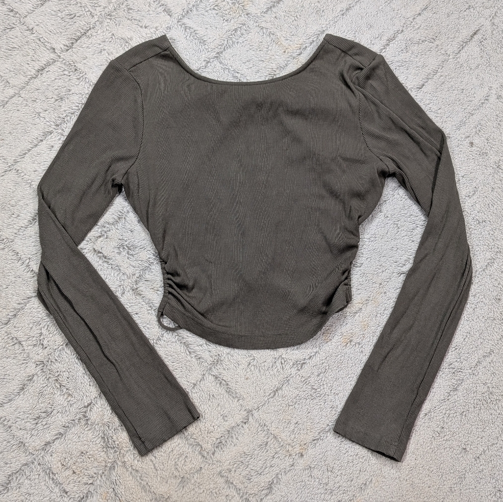 12th Tribe Top Womens L Green Cropped Open Back Tie Ribbed Stretch Ruched Side